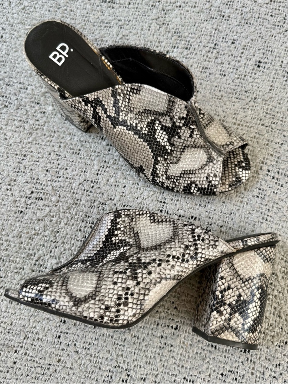 BP. Snake Print Open-Toe Block Heel Mules Size 8